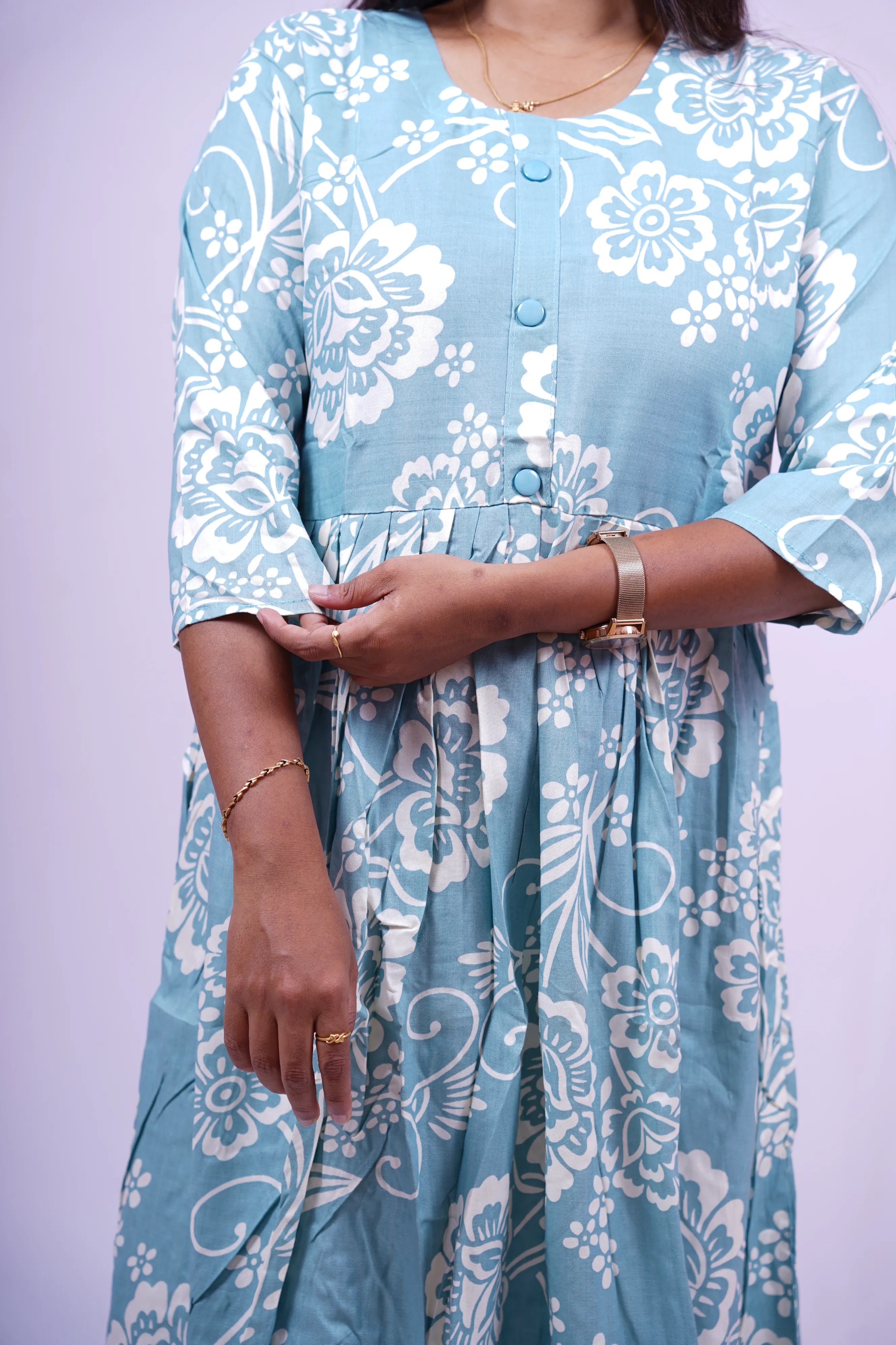 Light Blue Floral Print Flared Kurthi | T1-001