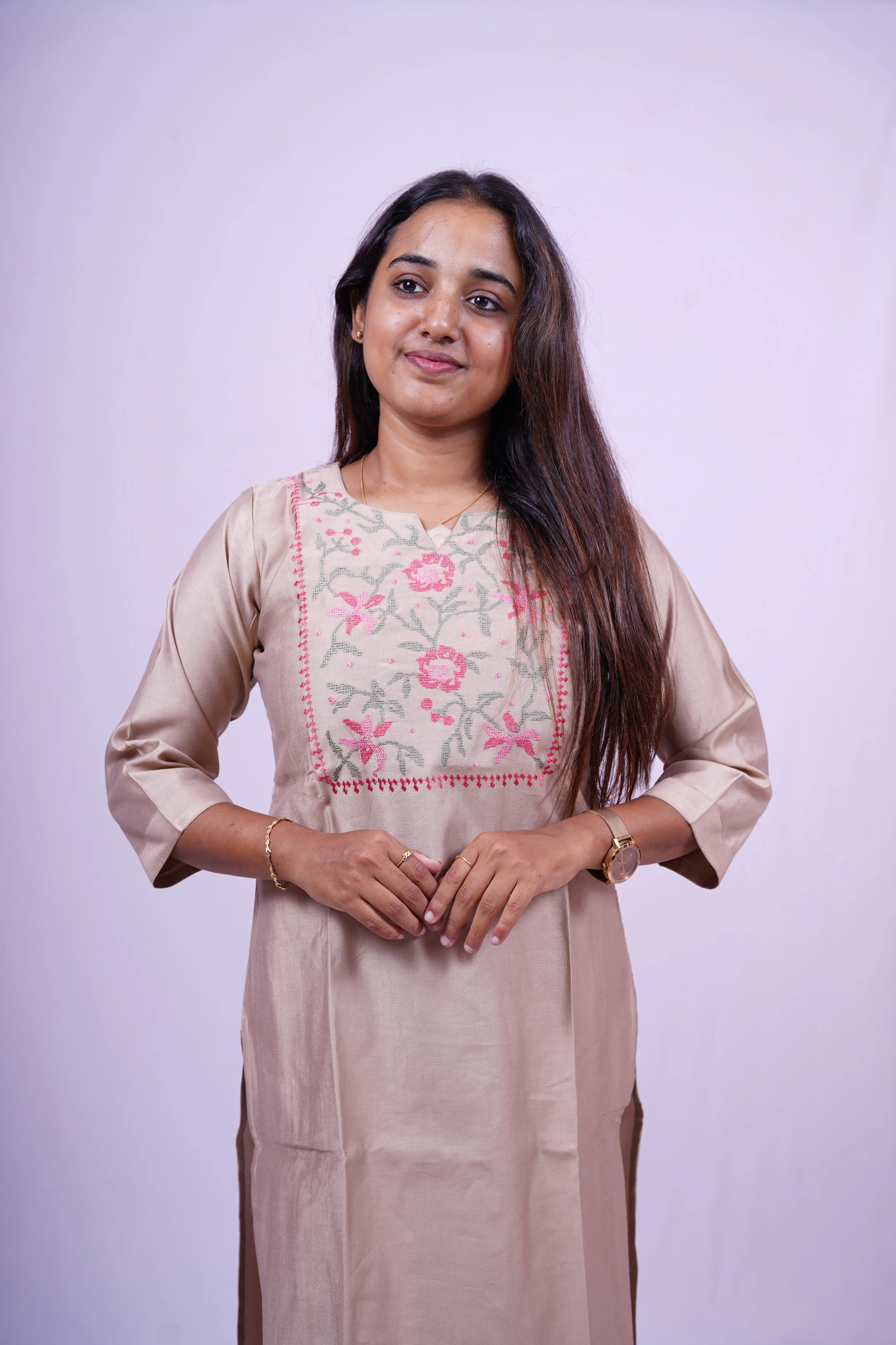 Pale Beige Brown Embroidered Kurthi | S2-004