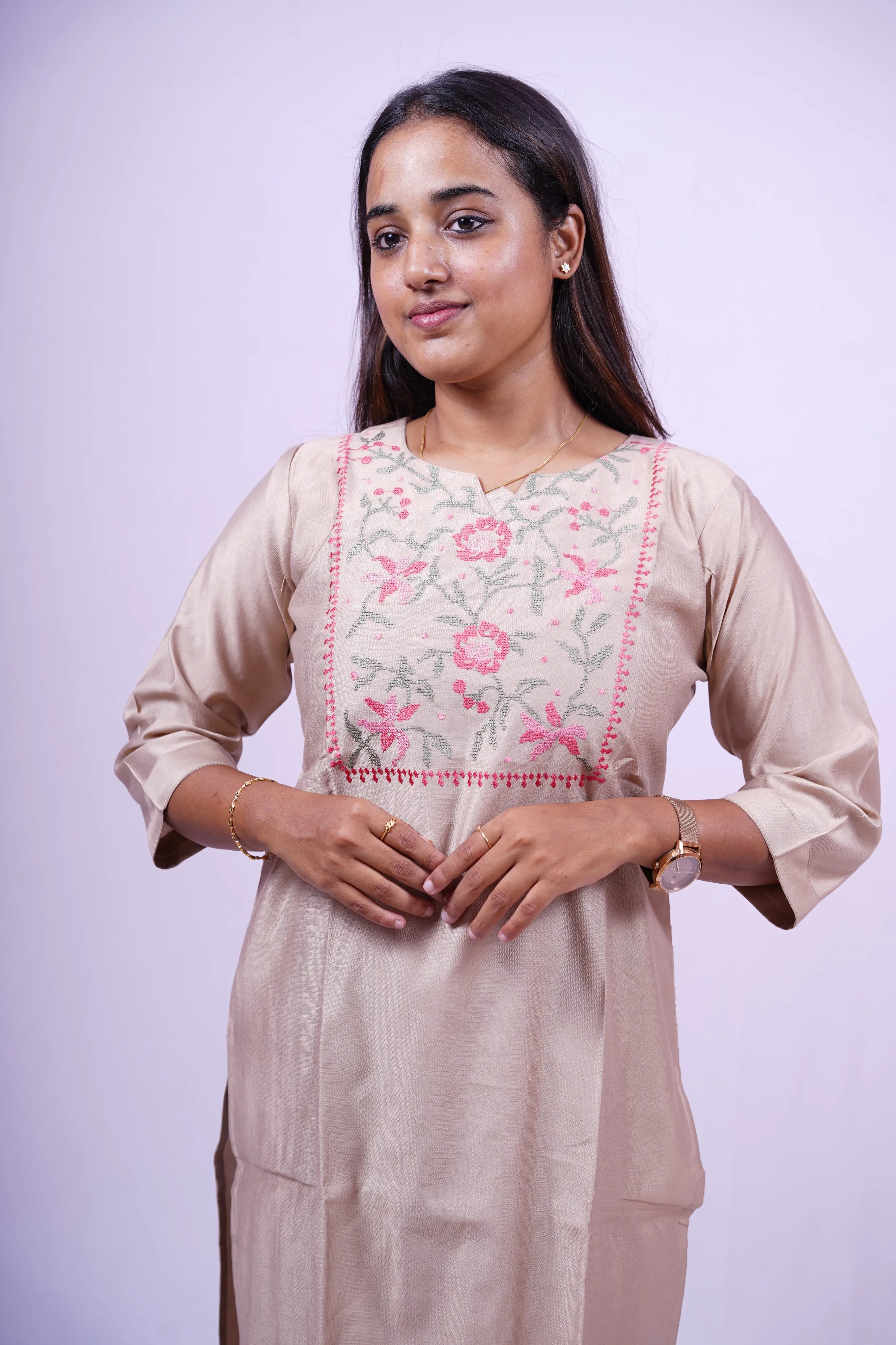 Pale Beige Brown Embroidered Kurthi | S2-004