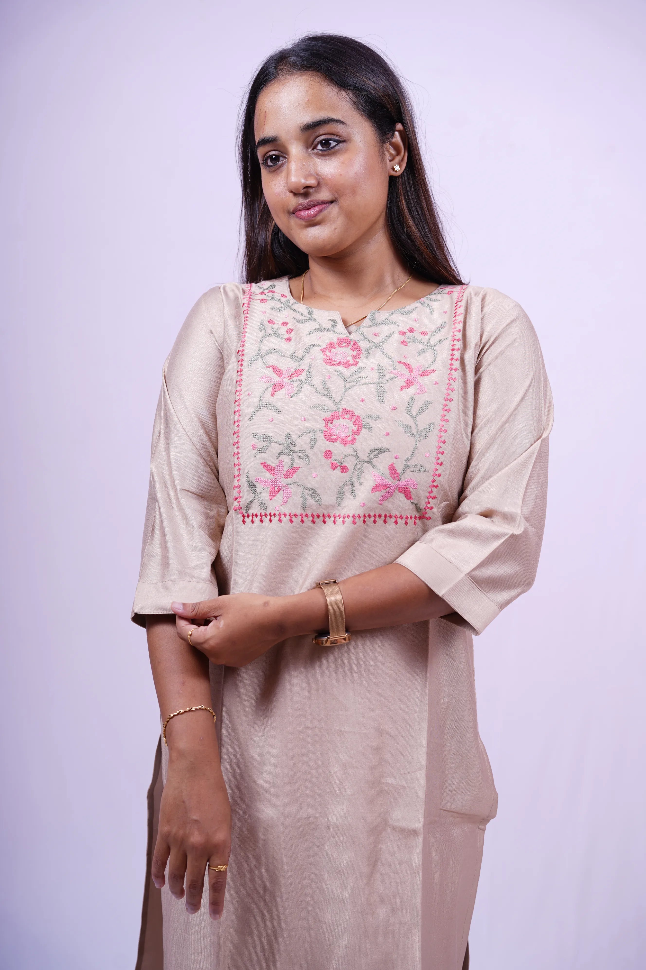 Pale Beige Brown Embroidered Kurthi | S2-004