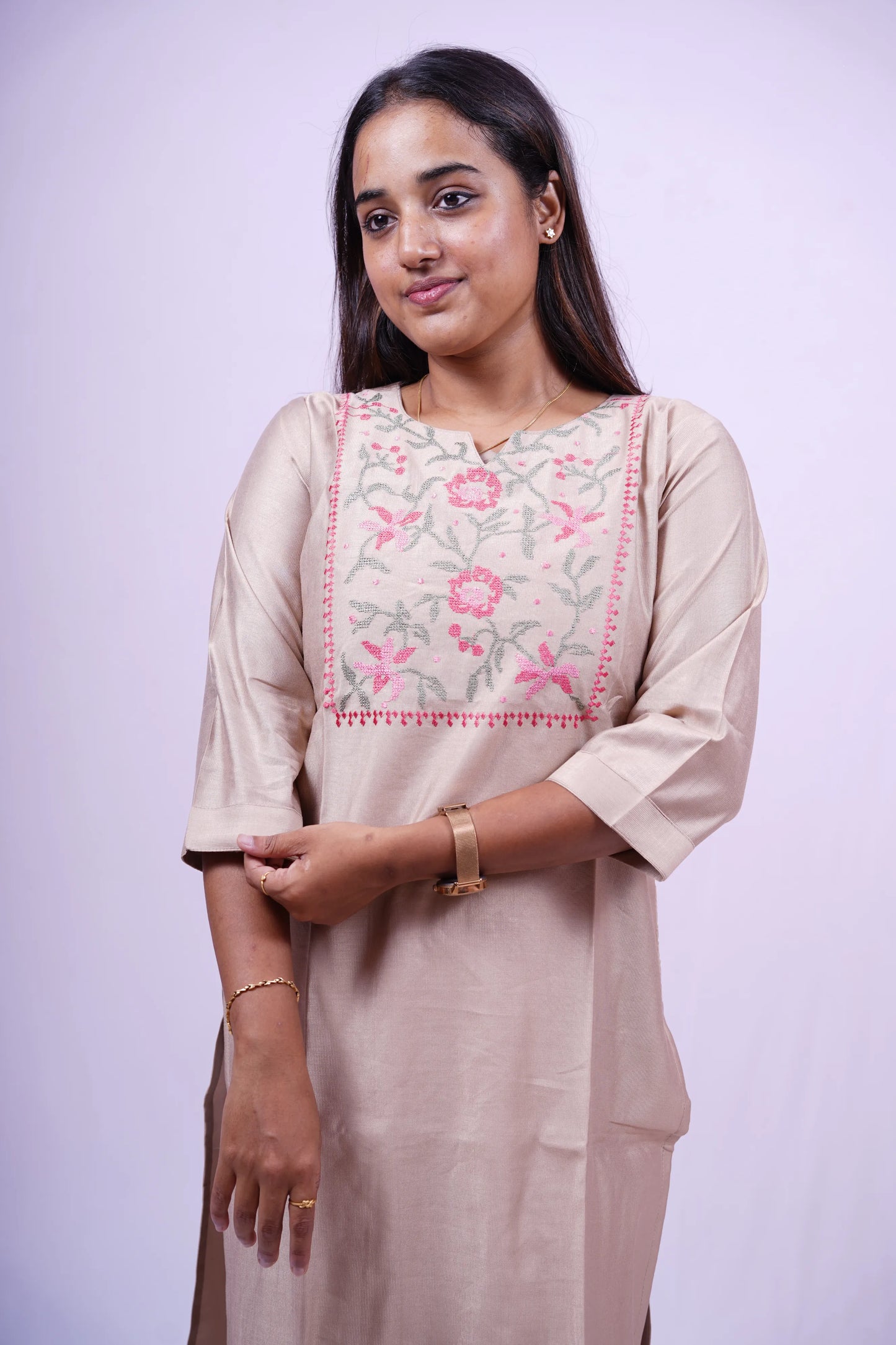 Pale Beige Brown Embroidered Kurthi | S2-004