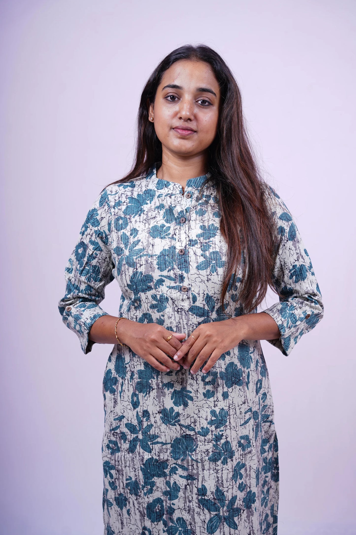 Grey-Blue Floral Print Kurthi | Q1-004
