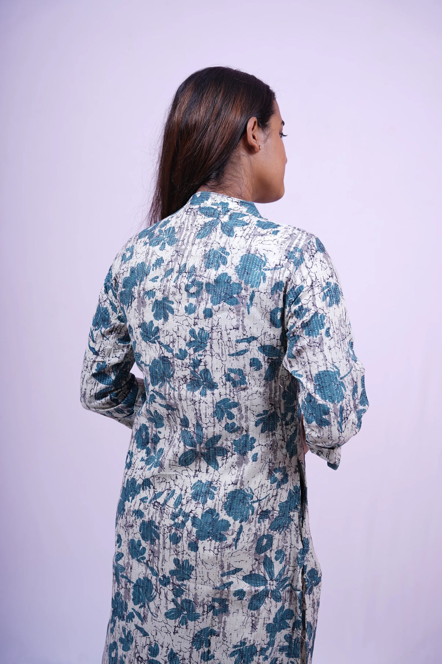 Grey-Blue Floral Print Kurthi | Q1-004