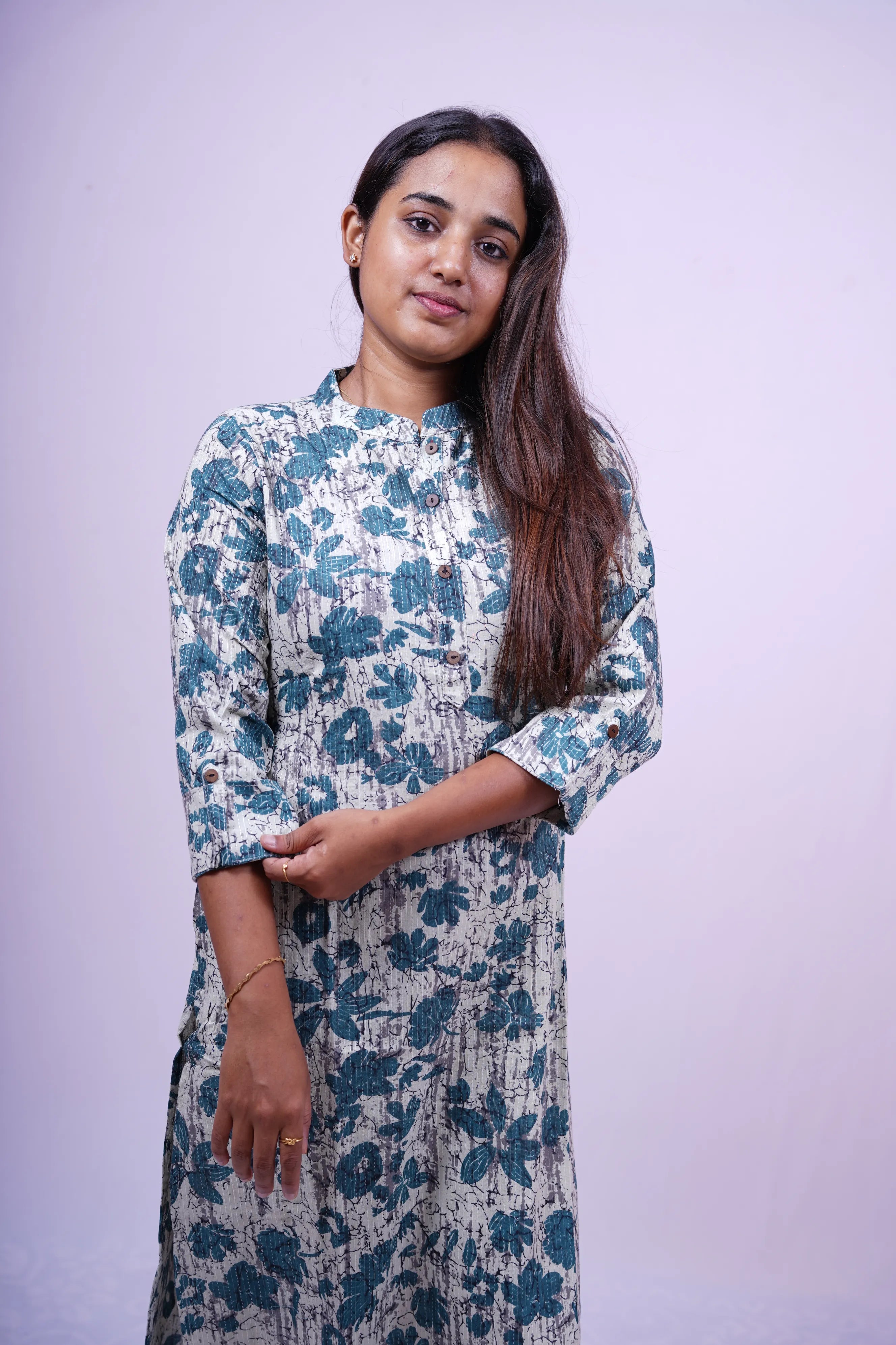 Grey-Blue Floral Print Kurthi | Q1-004