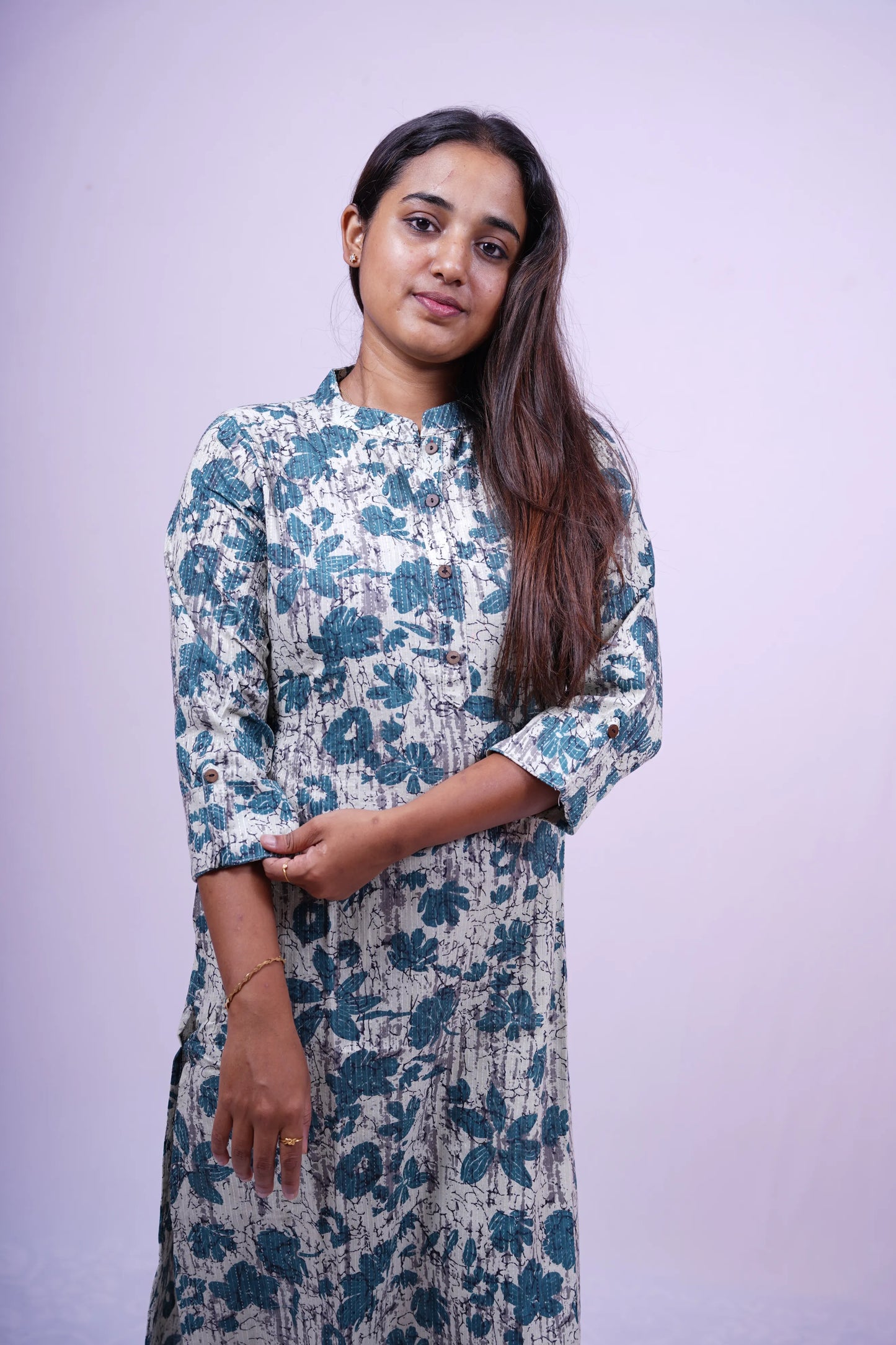 Grey-Blue Floral Print Kurthi | Q1-004