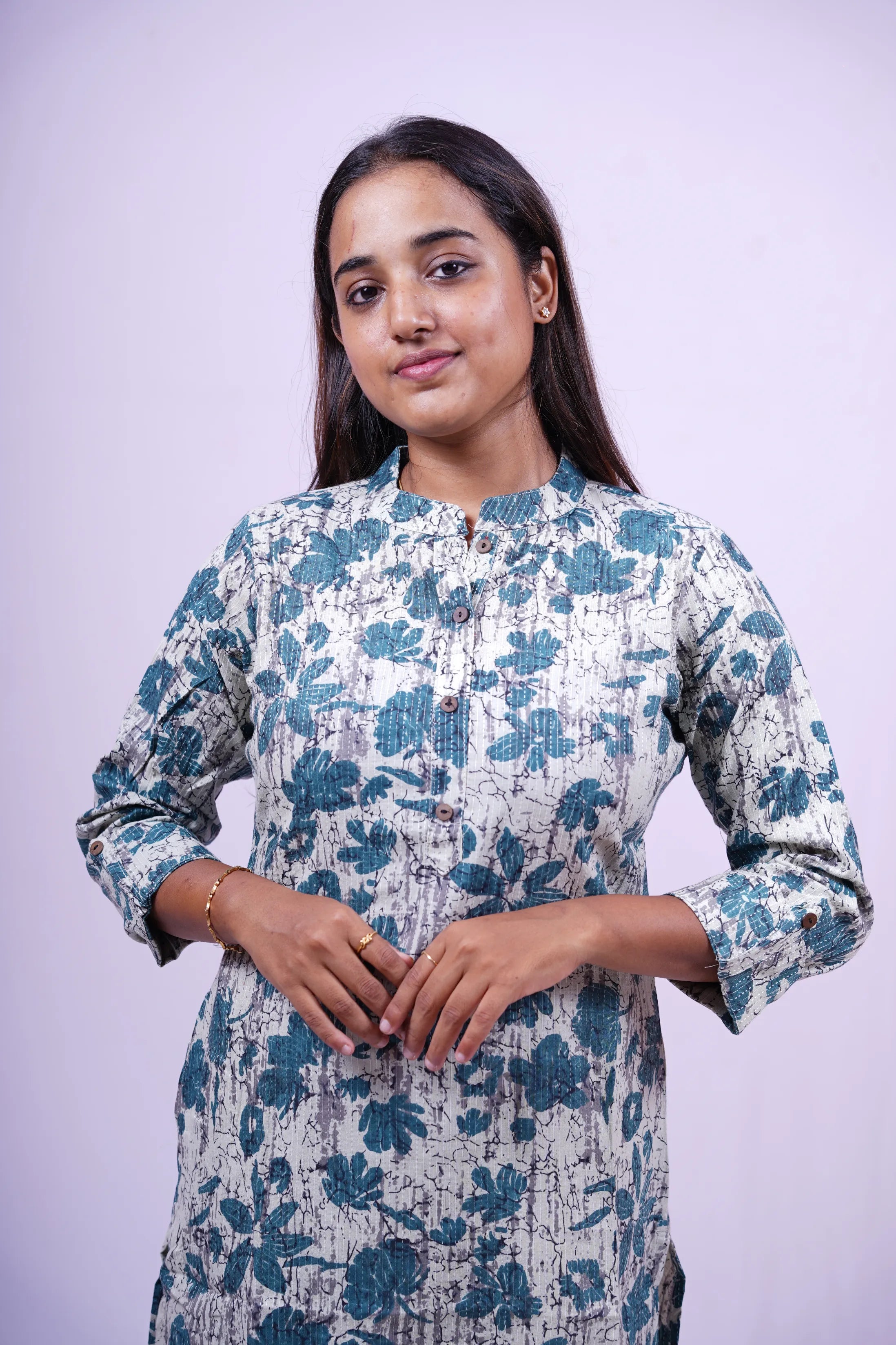 Grey-Blue Floral Print Kurthi | Q1-004