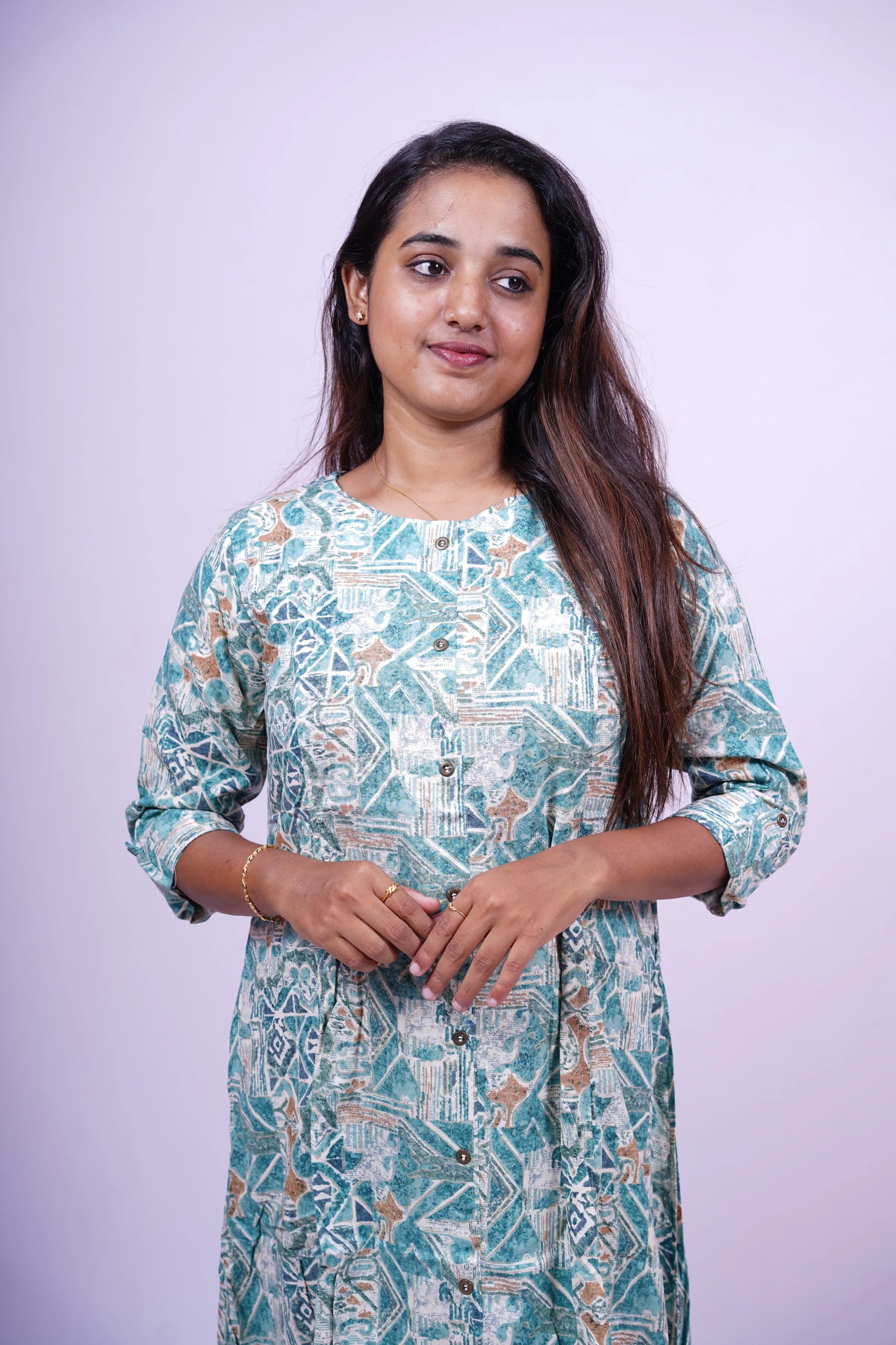 White and Teal Geometric Print Kurthi | S1-004