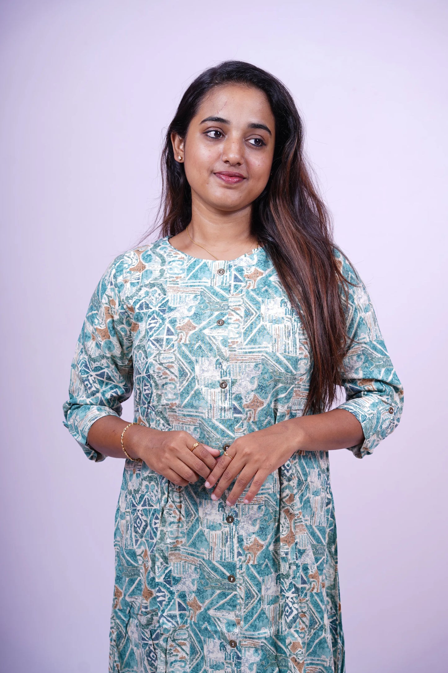 White and Teal Geometric Print Kurthi | S1-004