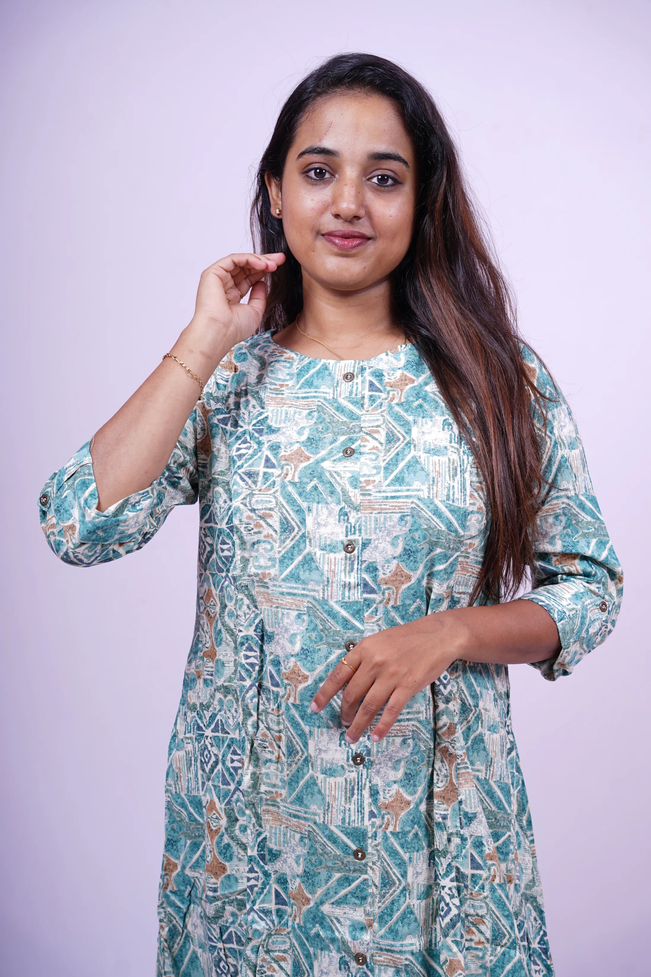 White and Teal Geometric Print Kurthi | S1-004