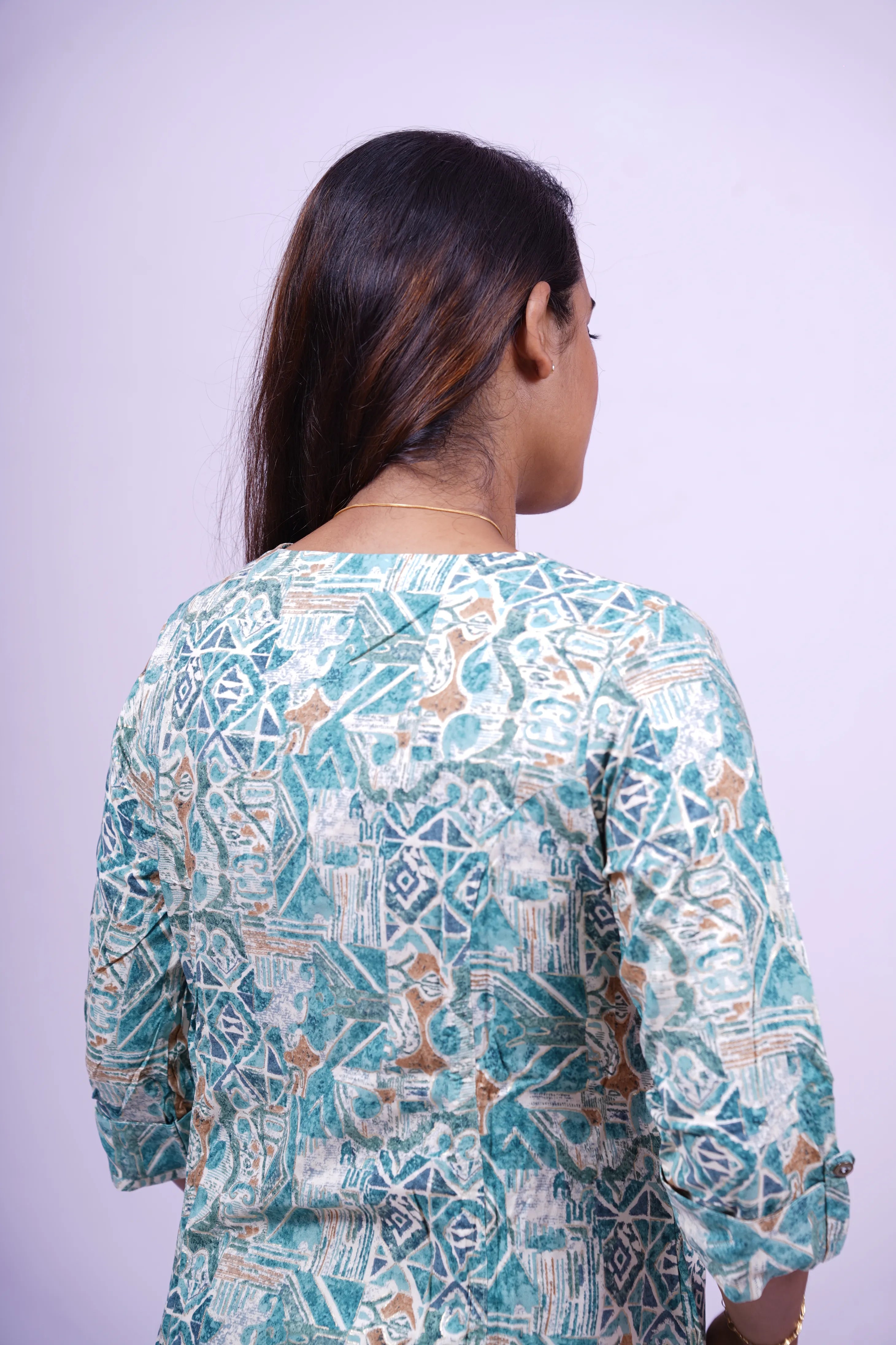 White and Teal Geometric Print Kurthi | S1-004