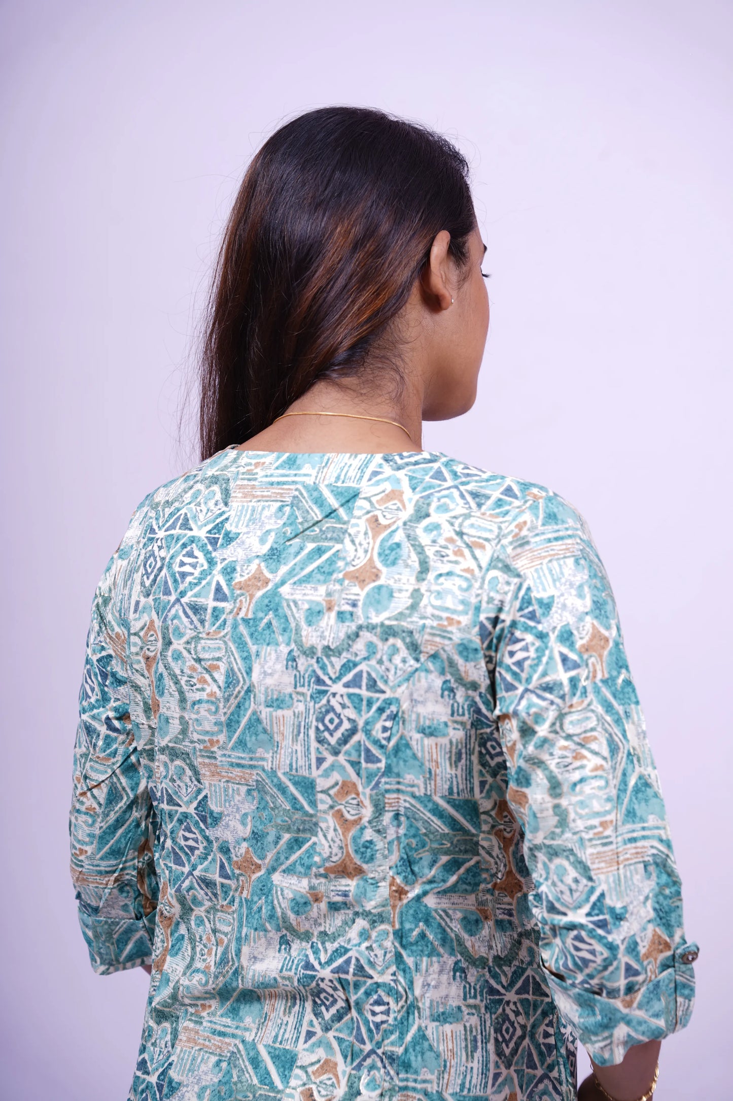White and Teal Geometric Print Kurthi | S1-004