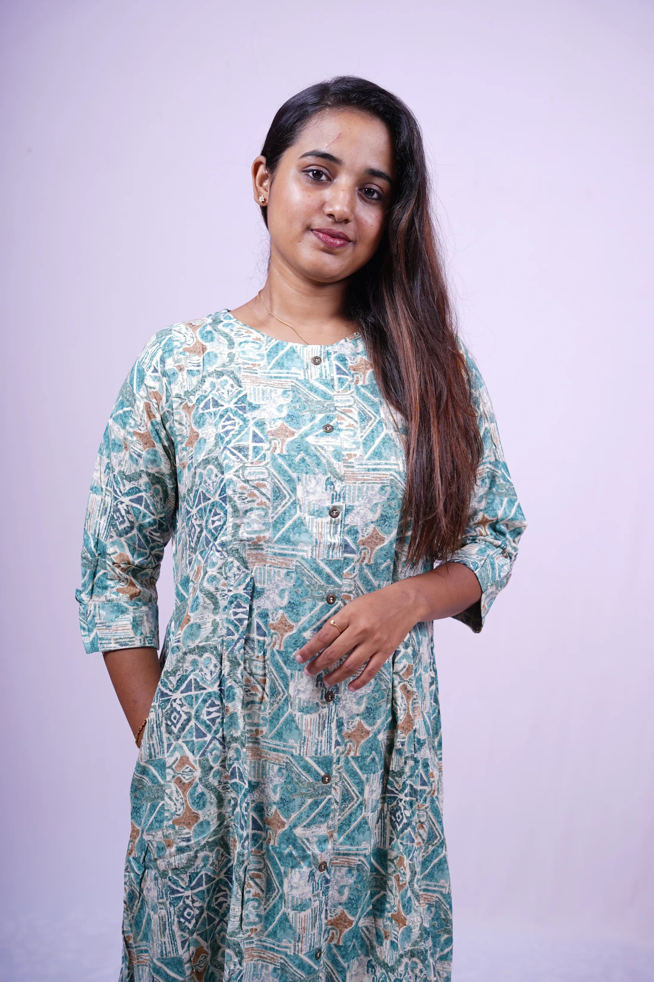 White and Teal Geometric Print Kurthi | S1-004